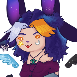 a chibi stylized drawing of a humanoid with 4 rabbit ears, dark with inner galaxy theming, dark purple hair that ends below the shoulders with a grey and orange split bang, they have a small dark wing on the right hand side and a small blue wing on the lef